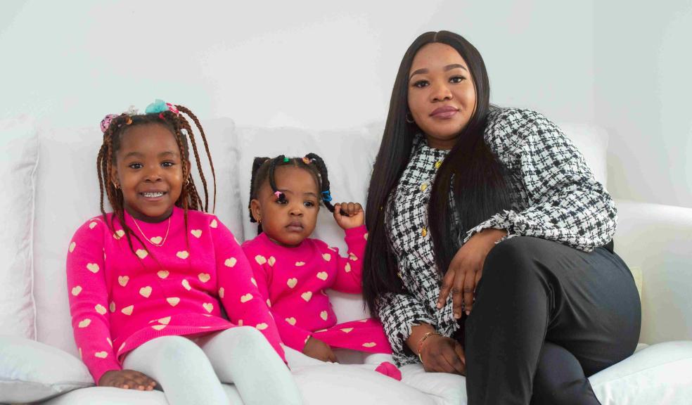 Emem with her two daughters in the lounge of their new house at Linden Homes’ Westwood Point location in Ramsgate