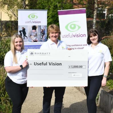 Useful Vision Staff Accepting A Donation From Barratt Developments North East (L-R: Ciara Fisher, Activity Coordinator; Rebecca Wilson, Founder & Trustee; Sophie Westlake, Team Leader)
